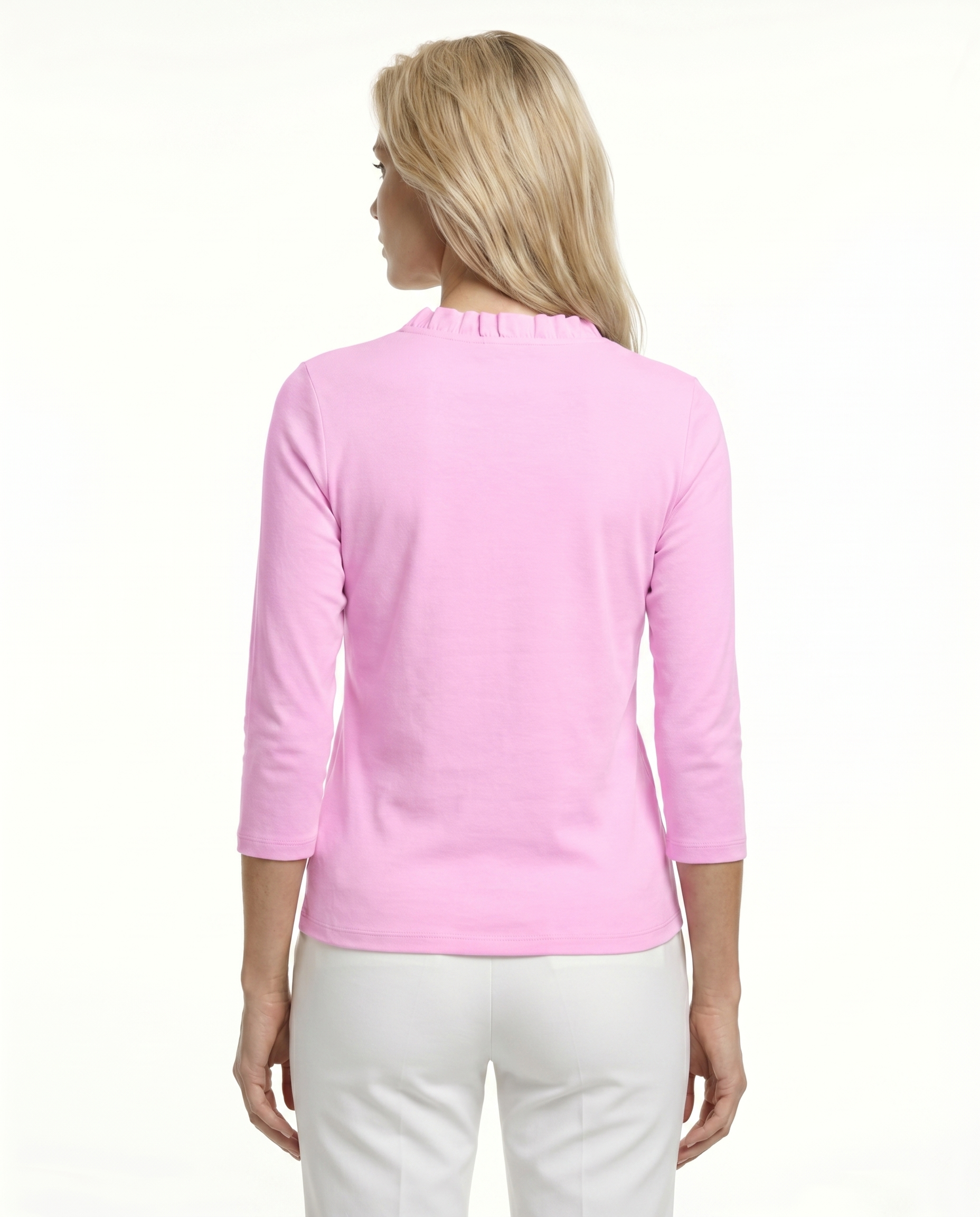 Solid 3/4 Sleeve Ruffle Portrait Neck Top 7600