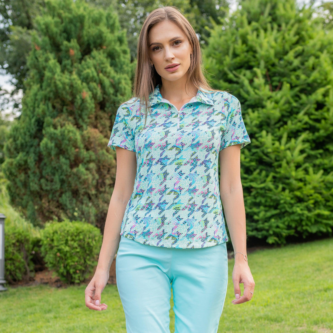 Houndstooth Houndstooth short sleeve polo top seafoam