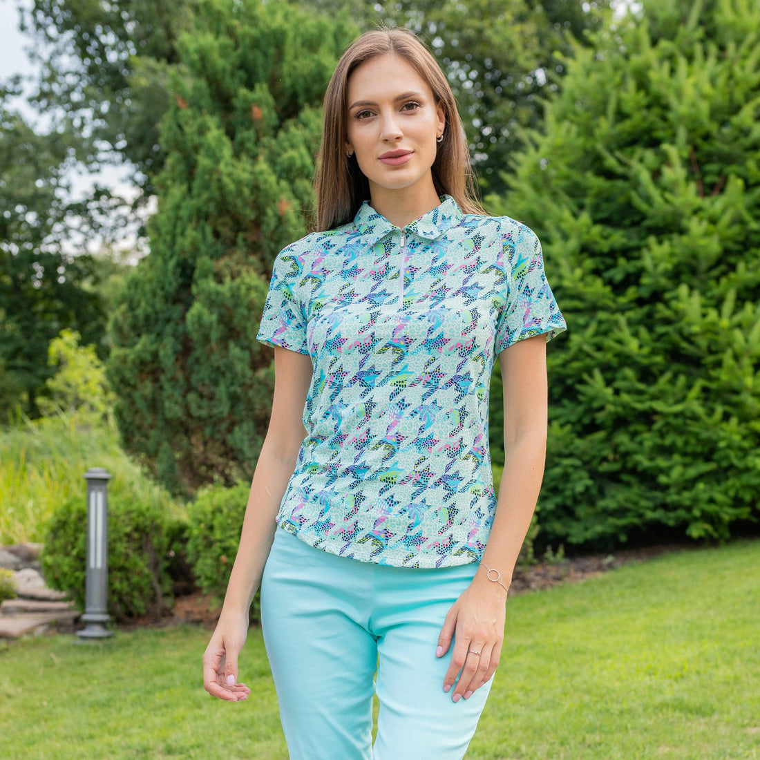 Houndstooth Houndstooth short sleeve polo top seafoam