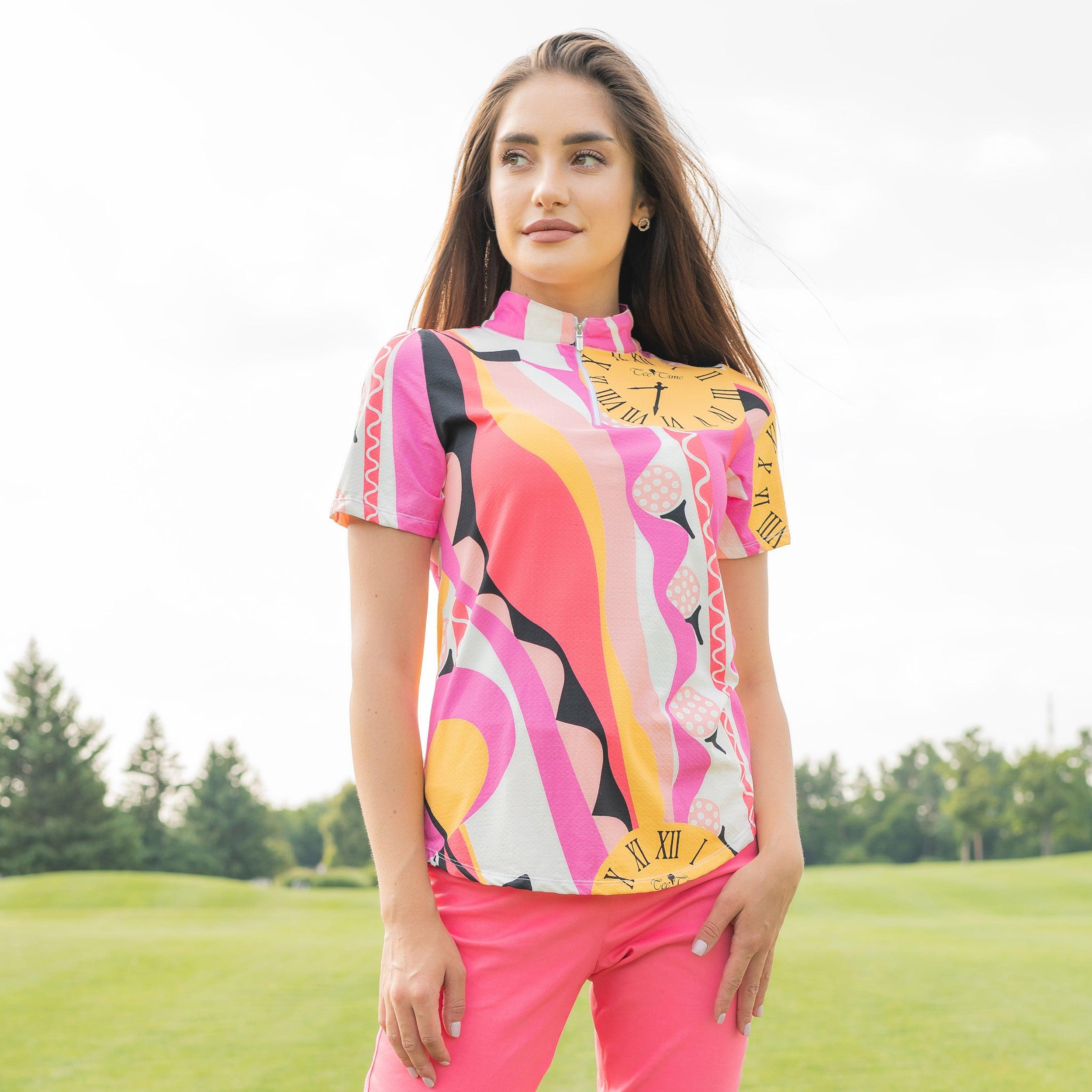 teetime short sleeve mock neck top coral